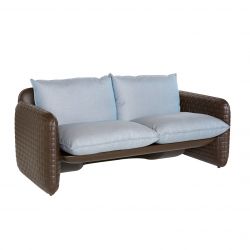 Sofa Mara, structure effet cuir chocolat, coussin tissu bleu, Slide