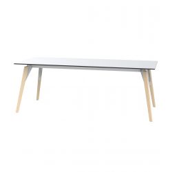 Table Faz Wood plateau HPL blanc et bord noir, pieds chêne blanchis, Vondom, 200x100xH74 cm