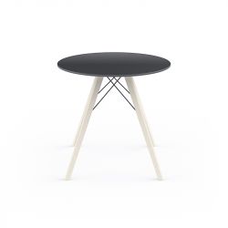 Table à manger ronde Faz Wood plateau HPL noir et bord noir, pieds chêne blanchis, Vondom, diamètre 70cm H74cm