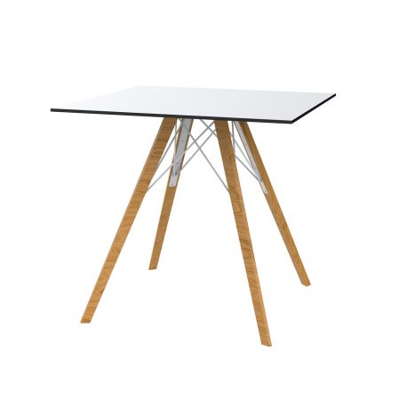 Table à manger carré Faz Wood plateau HPL blanc et bord noir, pieds chêne naturel, Vondom, 70x70xH74cm