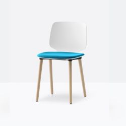 Lot de 2 chaises design rembourrées Babila 2750/A, assise blanche, coussin bleu C120, pieds bois, Pedrali