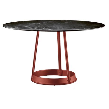Brut, grande table ronde, Magis pied rouge, plateau en marbre noir Marquinia diamètre 130 cm