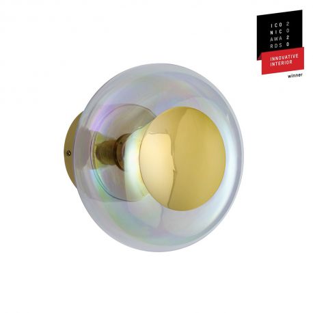 Applique et plafonnier bulle de verre soufflé Horizon Nacré Caméléon, diamètre 21 cm, Ebb & Flow, centre métal doré